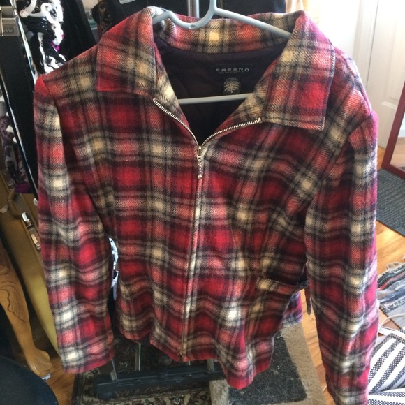 Fresno Sport 💋Plaid Maroon Zip Up Jacket Chic - Picture 1 of 8